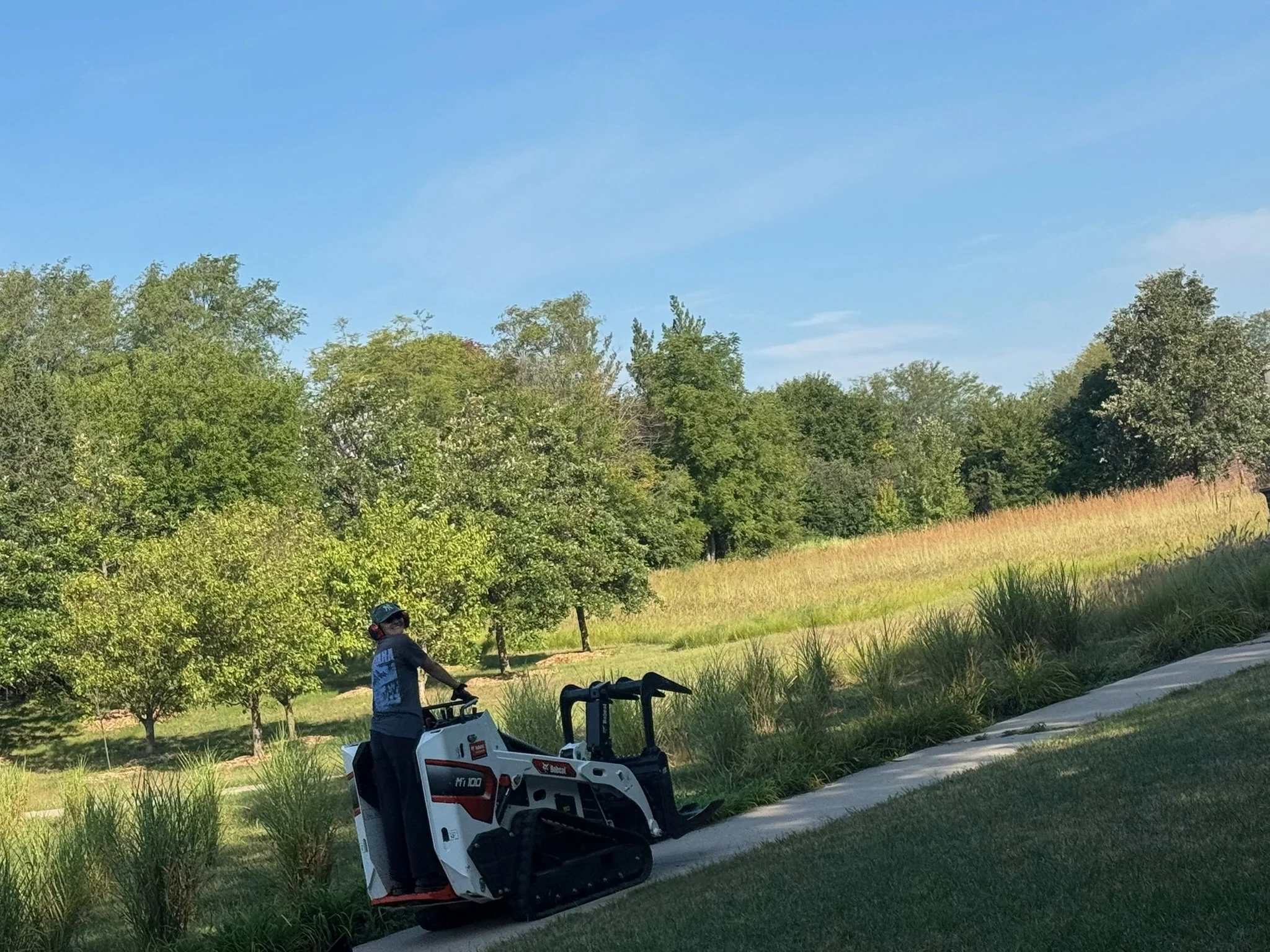 A person operating a small tracked vehicle on a grassy sidewalk near trees and a grassy field under a clear blue sky.