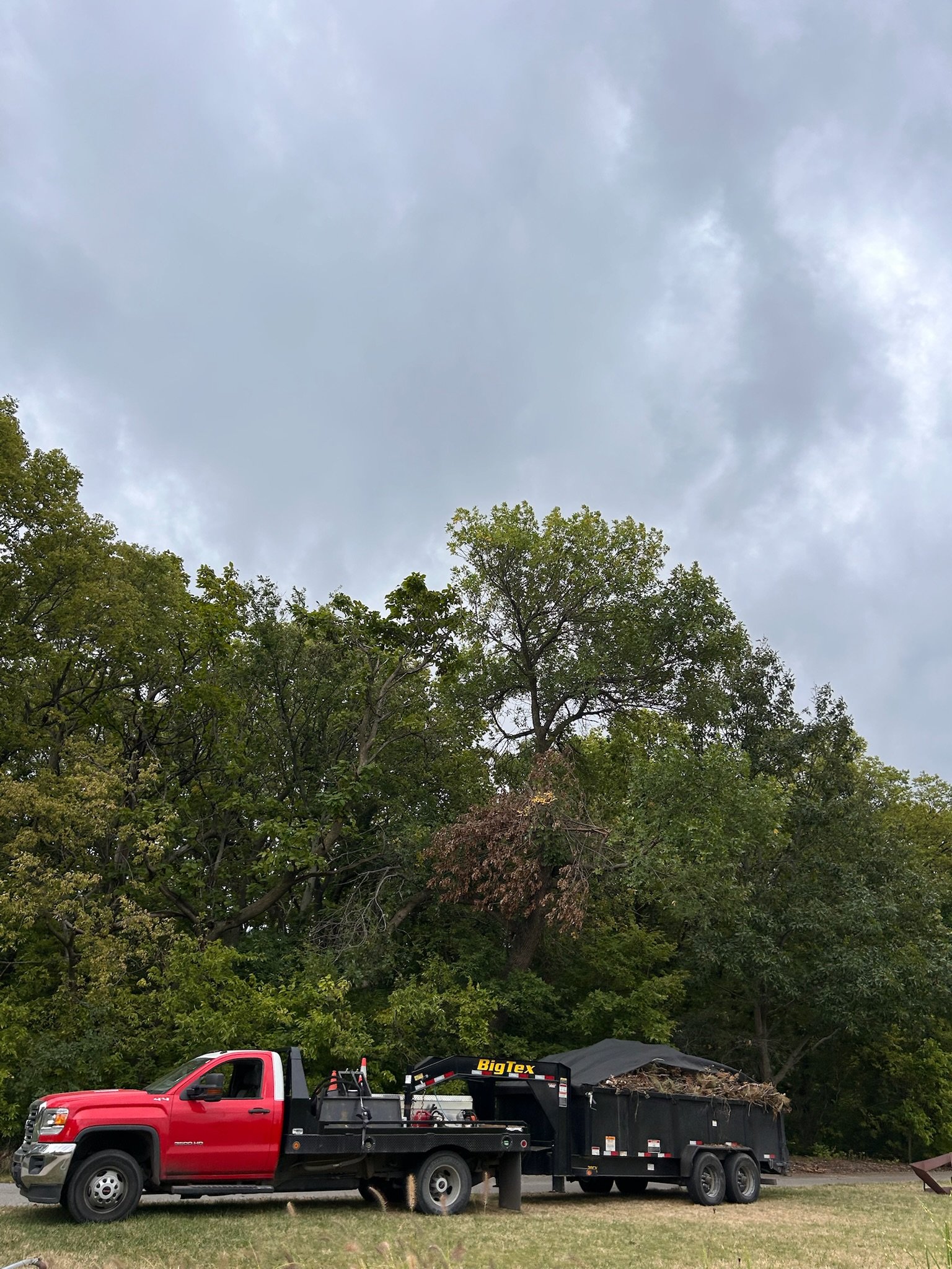 Red pickup truck with a black trailer filled with debris parked on grass in front of green trees and a cloudy sky.