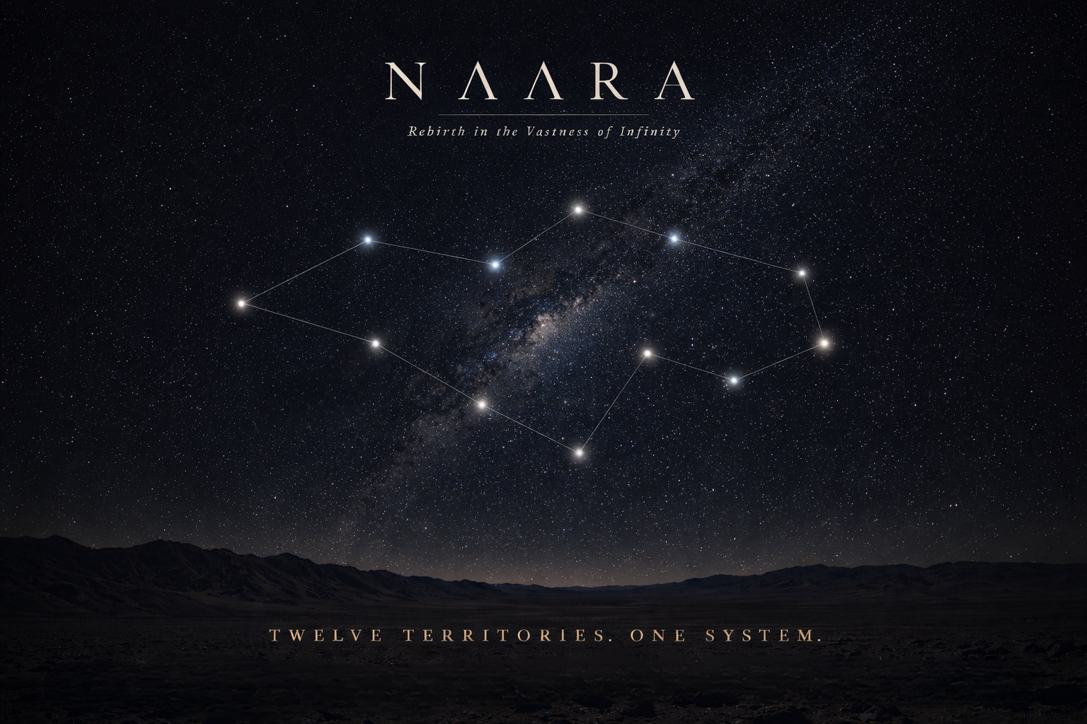 Night sky with stars and the Milky Way galaxy, with a constellation outlined in lines, above mountains with a flat plain in the foreground, displaying the title 'Naara' and the subtitle 'Rebirth in the Vastness of Infinity' and the phrase 'Twelve Territories. One System.'