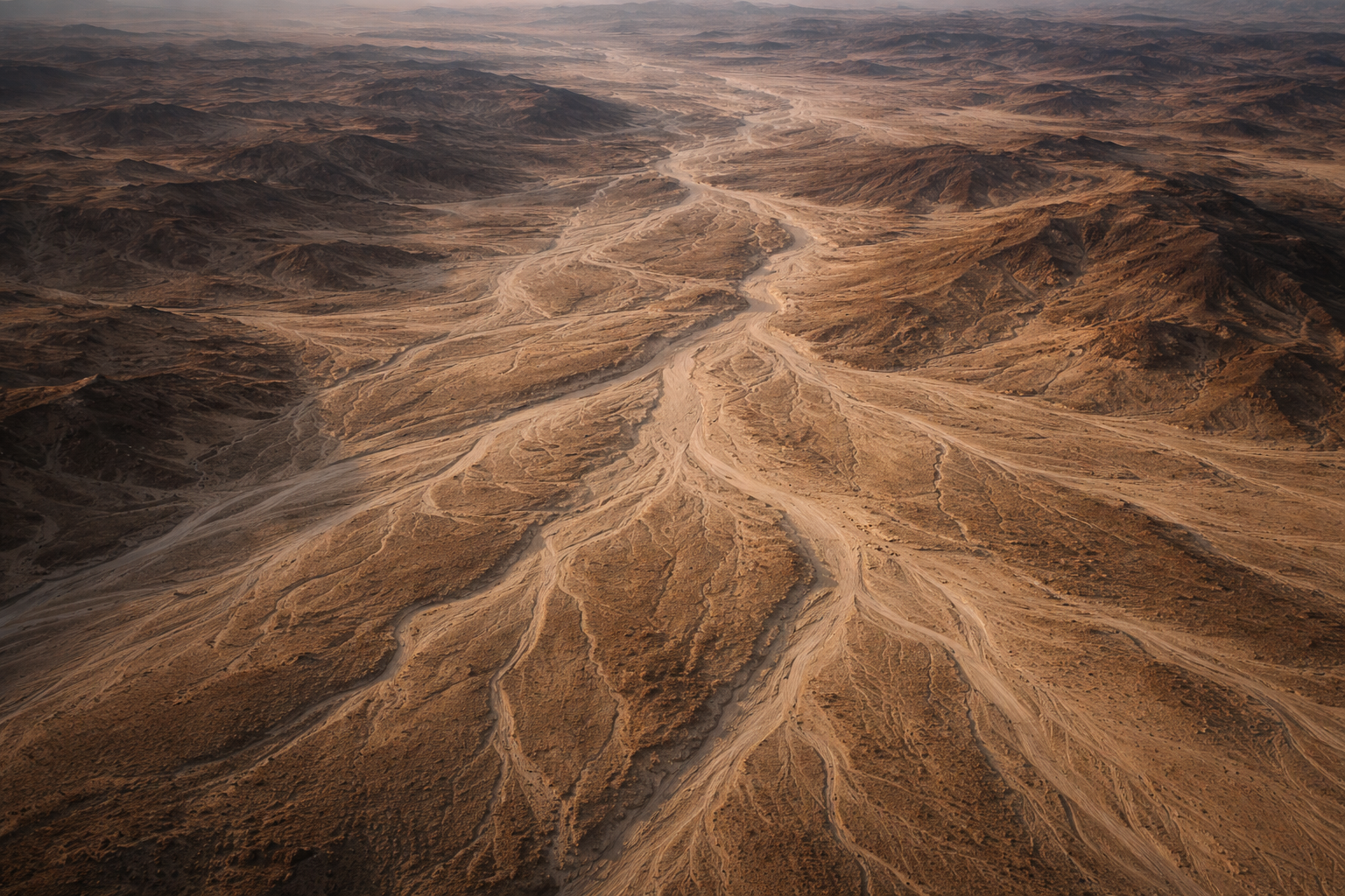Aerial view of a river delta with multiple branching channels and dry, rugged terrain in a desert landscape.