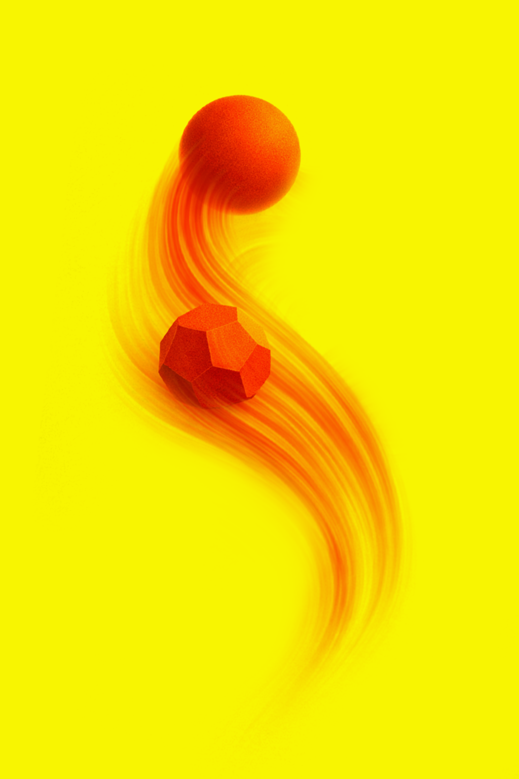 Abstract digital art with geometric shapes resembling orange planets on a yellow background with swirling trails of orange and red.