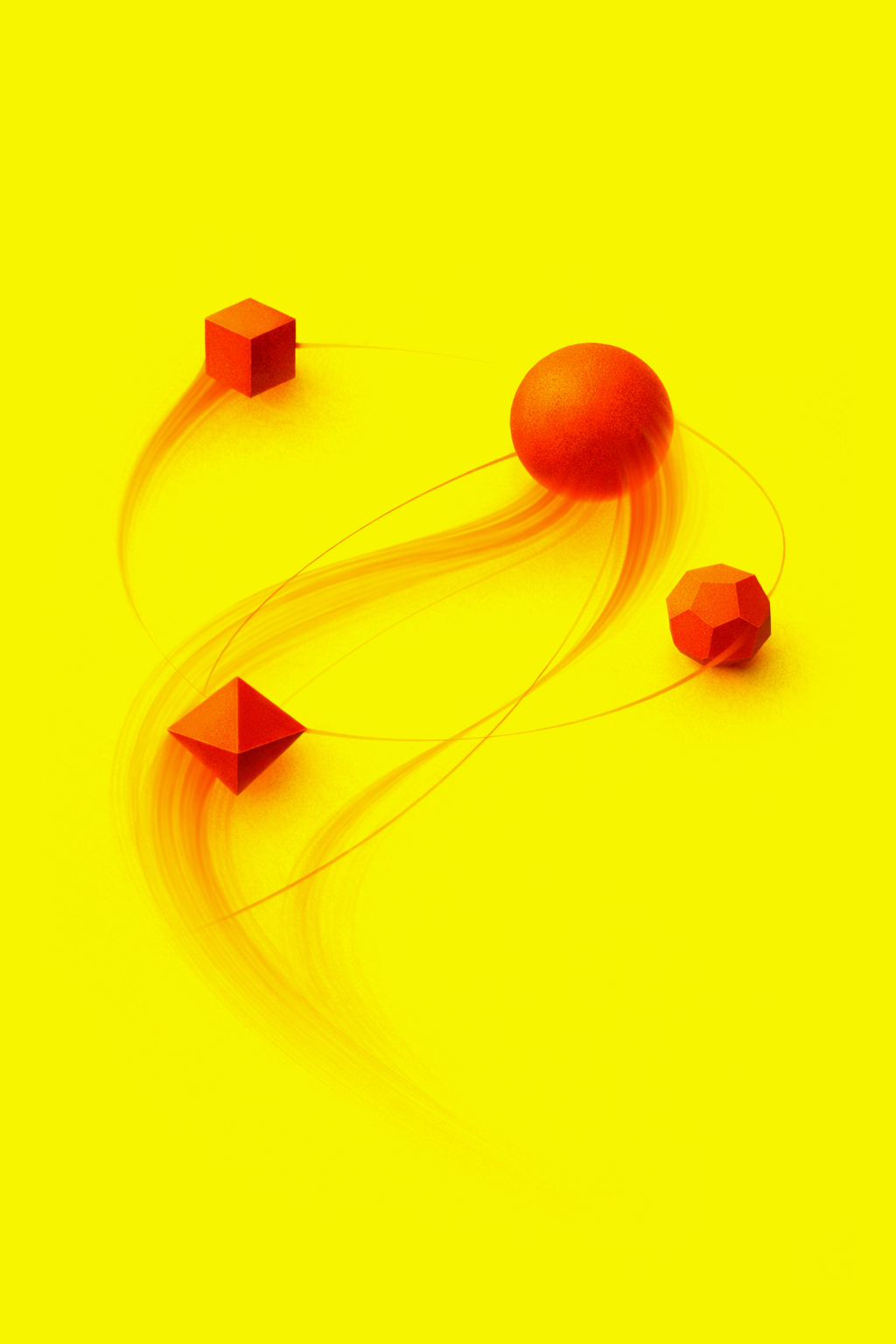 Abstract digital artwork featuring a large orange sphere and three smaller geometric shapes—a cube, a dodecahedron, and a tetrahedron—on a bright yellow background with swirling lines connecting the shapes.