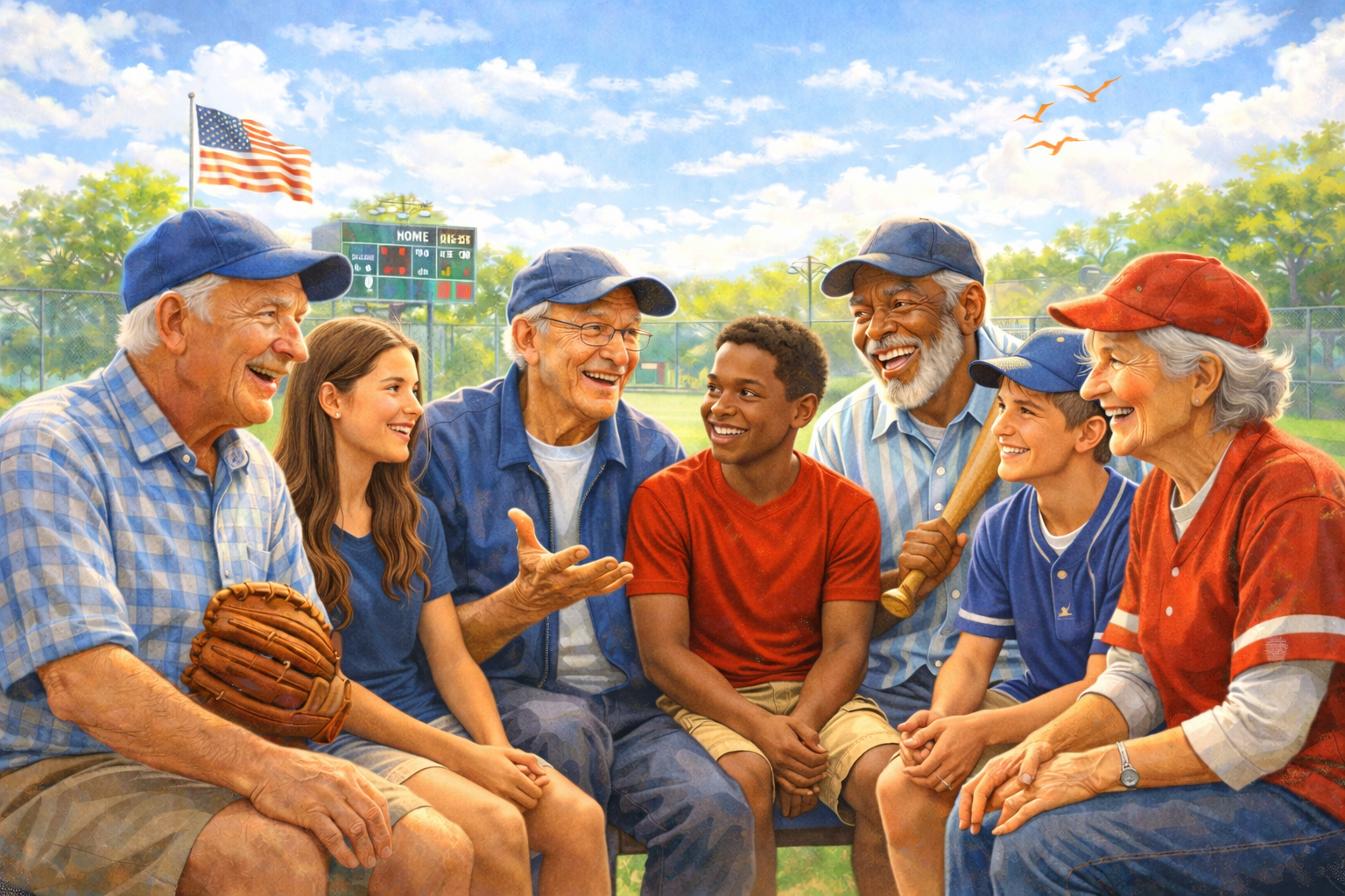 A diverse group of people, including elderly and young individuals, sitting on a bench at a baseball field, talking and smiling with a player holding a bat nearby. There is an American flag and a scoreboard in the background.