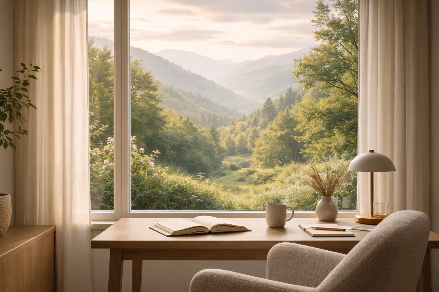 A cozy room with a large window overlooking a green, mountainous landscape with trees and hills, with sunlight filtering through the clouds.