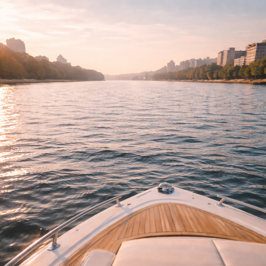 View from a boat on a river at sunset, with city buildings along the shoreline and trees on both sides.