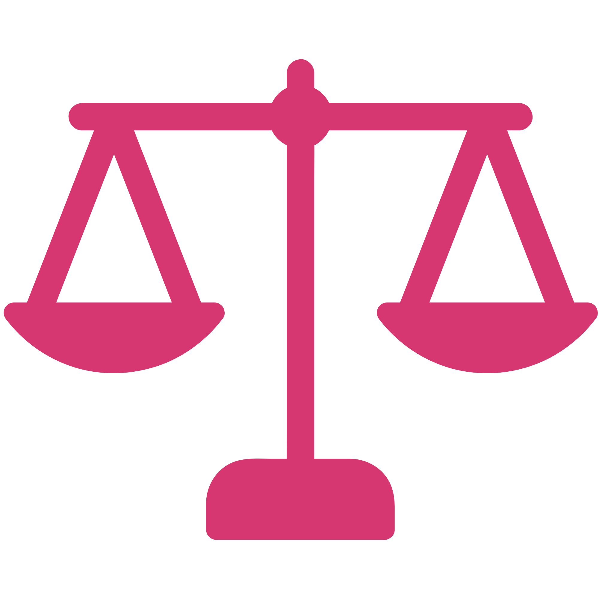 Pink drawing of the scales of justice on a black background.