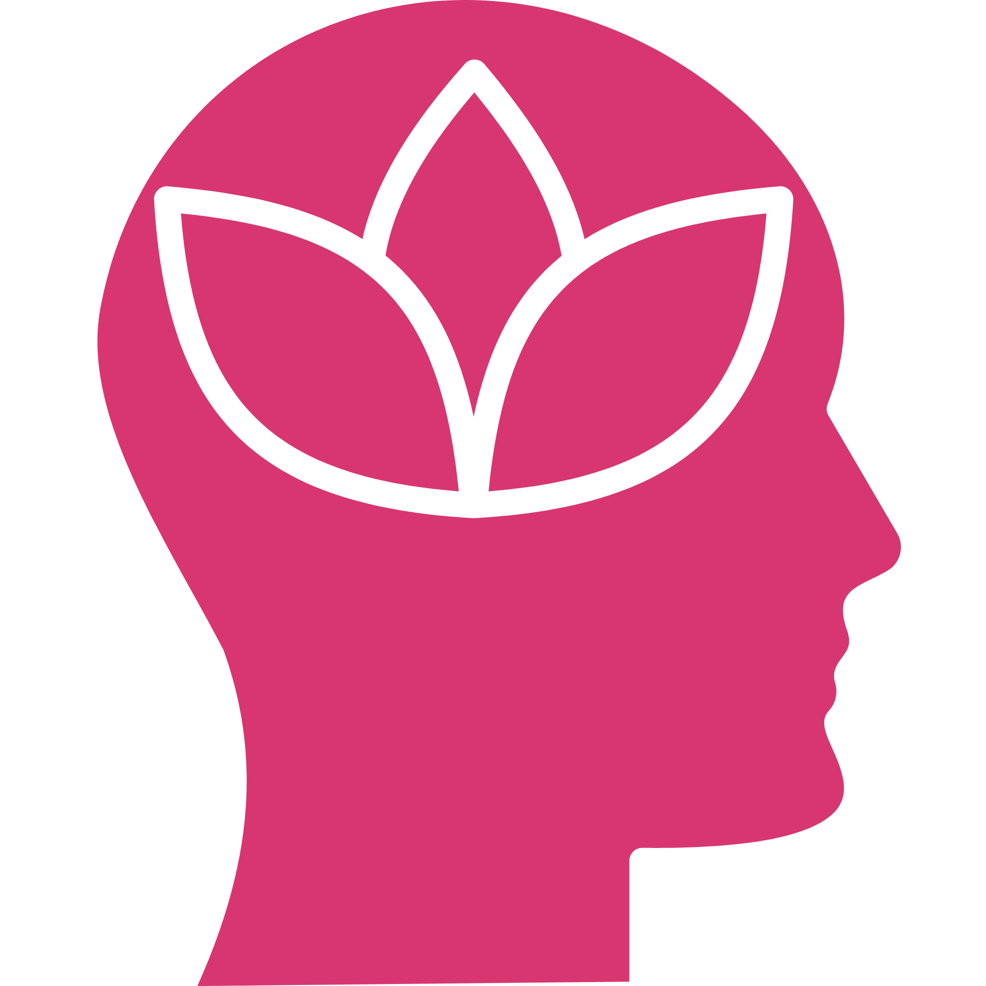 Outline of a woman's head in profile with a pink background, showing a stylized depiction of hair and facial features.