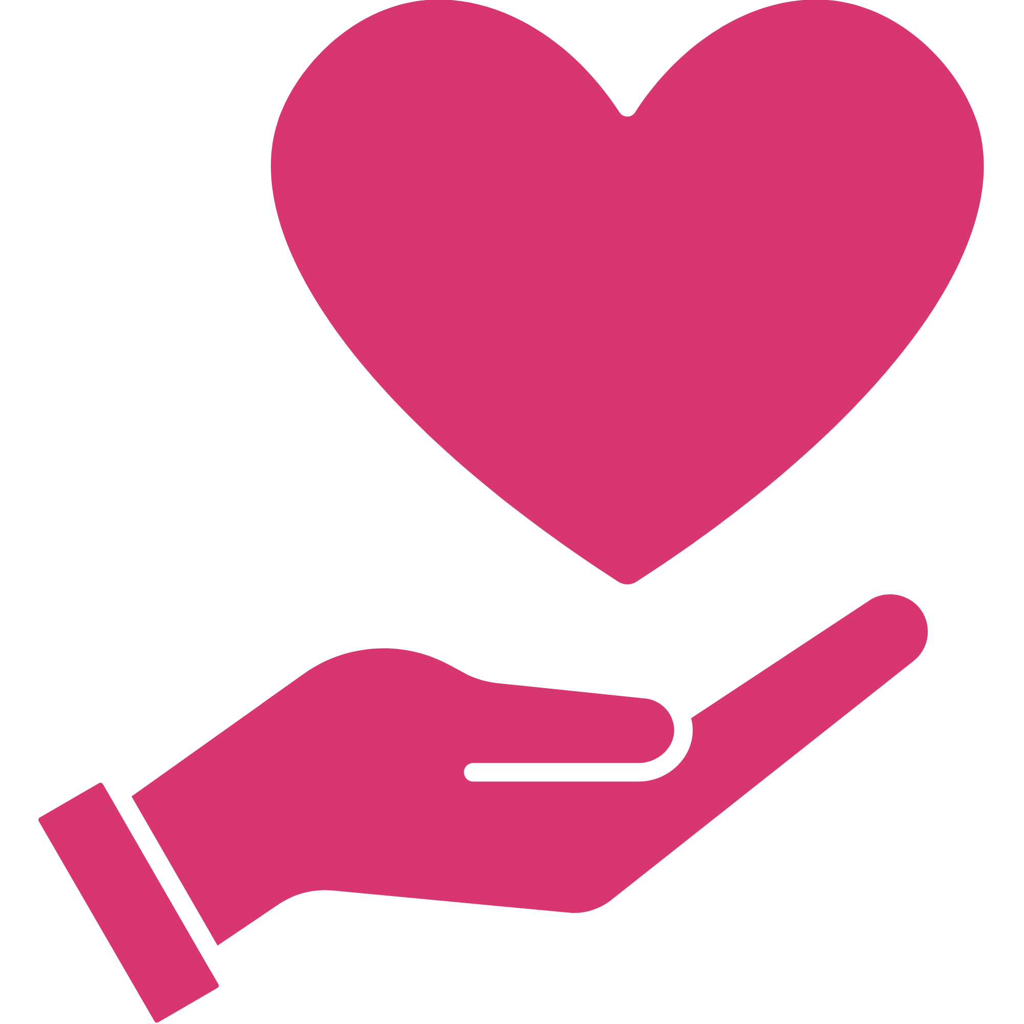 Pink heart overlapping a pink mute icon and a pink barcode scanner icon on a black background.