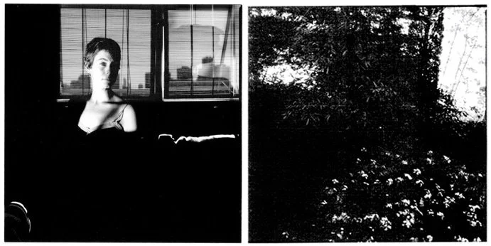 Díptico en blanco y negro de la serie Entropía: mujer junto a una ventana y follaje en alto contraste