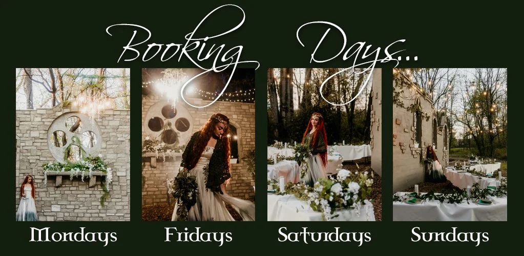 A collage of four images depicting different wedding setups for each day of the week, with the text "Booking Days..." at the top. Each image is labeled with a day: Mondays, Fridays, Saturdays, Sundays.