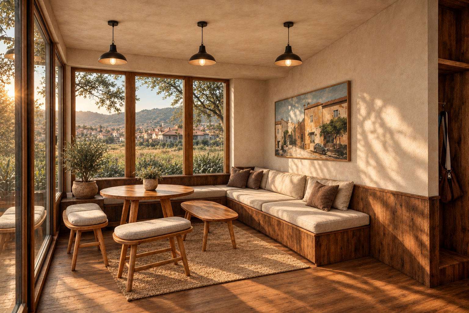 Cozy sunlit living room with large windows showing a scenic countryside view, wooden furniture including a curved sofa with cushions, a round table with potted plants, a painting on the wall, and warm, natural tones.