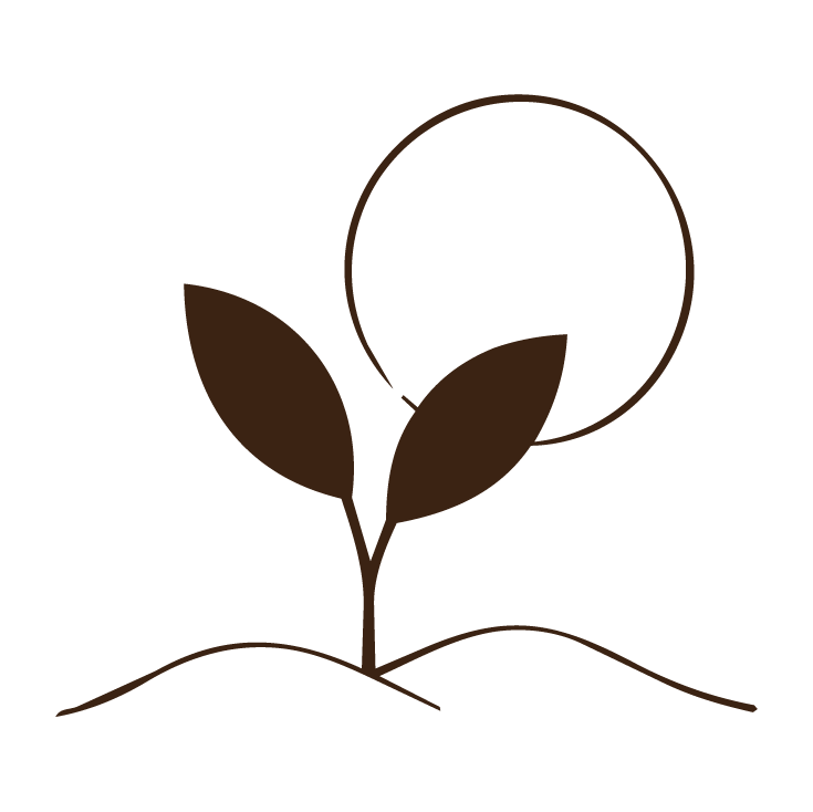 A stylized illustration of a small plant with two leaves growing from the ground, with a circular shape behind it, all in brown outline.