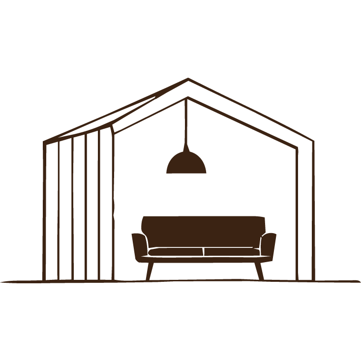 Silhouette of a living room with a sofa, a hanging lamp, and a house-like frame structure.