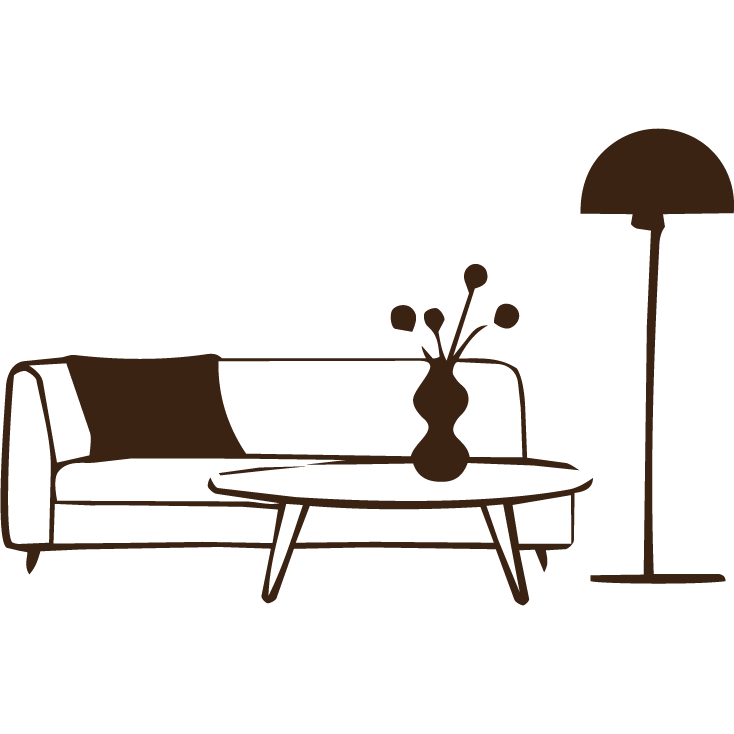 Outline of a living room with a sofa, a coffee table with a vase of flowers, and a floor lamp.