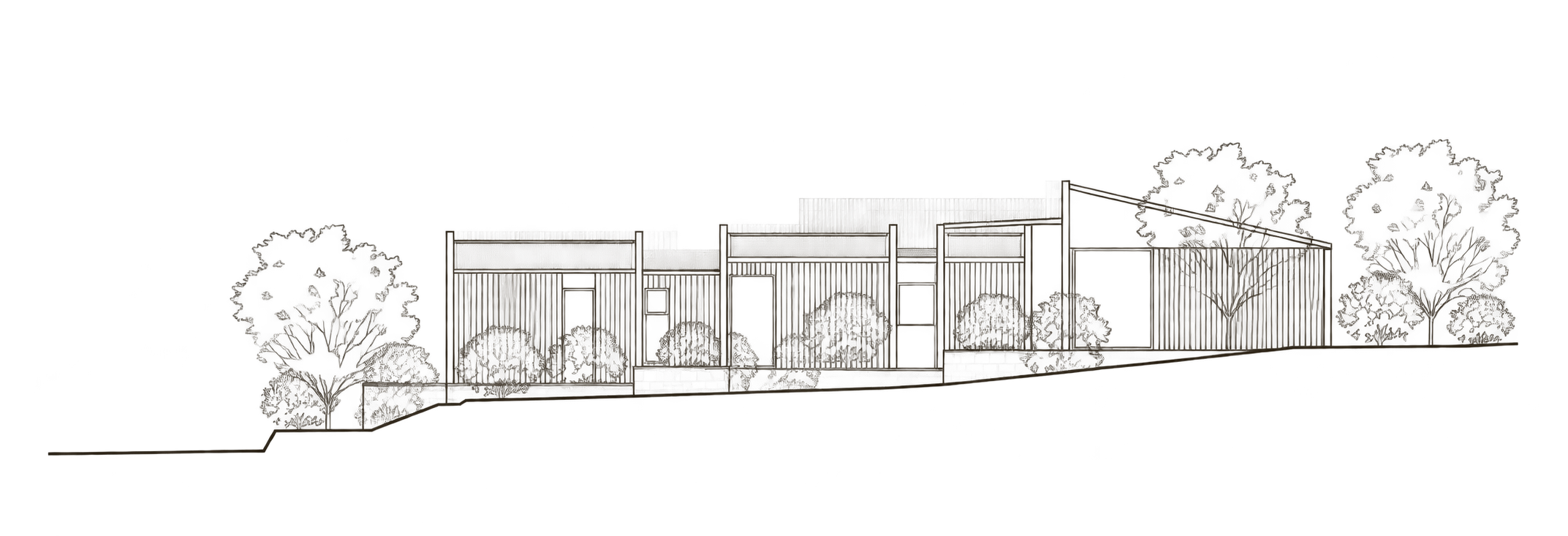 Illustration of a modern architectural house with flat roof, surrounded by trees, on a sloped landscape.