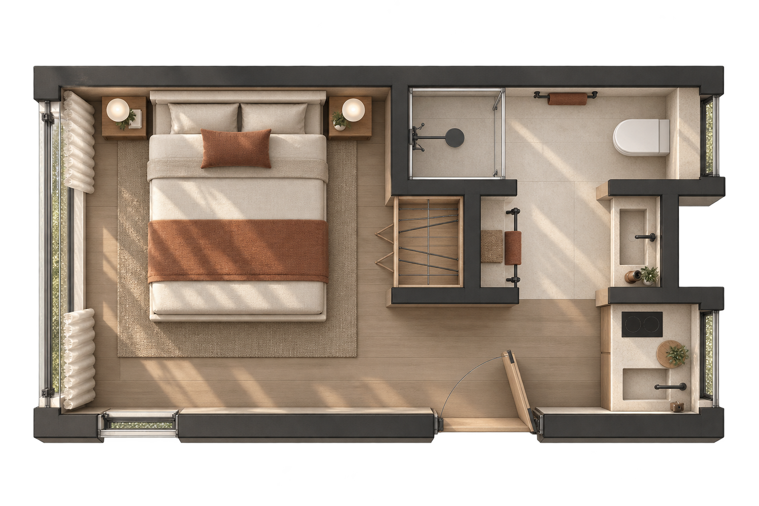 Top-down view of a small bedroom with an attached bathroom. The bedroom has a large bed with beige bedding and a rust-colored blanket, two bedside tables with lamps, a window with curtains, and wooden flooring. The bathroom includes a shower, a vanity with a sink, a toilet, and minimal decor.