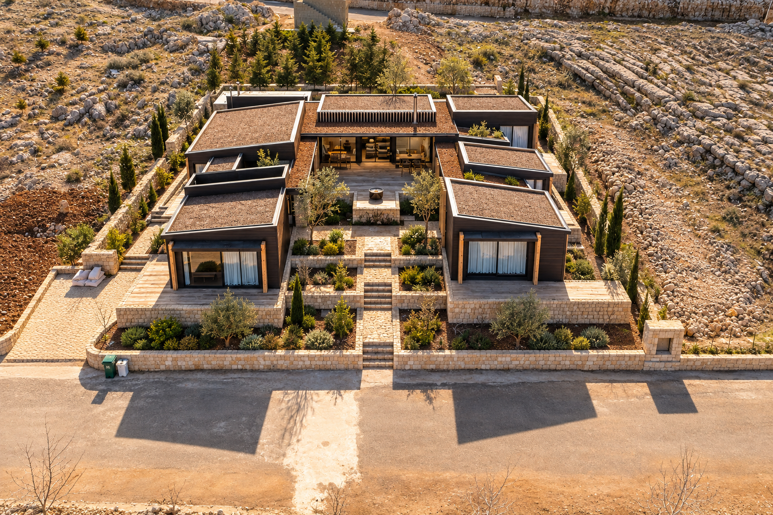 Aerial view of a modern, single-story house surrounded by dry, rocky desert terrain with sparse vegetation and trees.