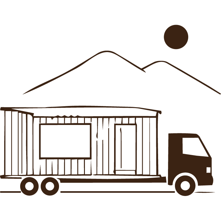 Line drawing of a delivery truck parked in front of a mountain landscape with a sun in the sky.
