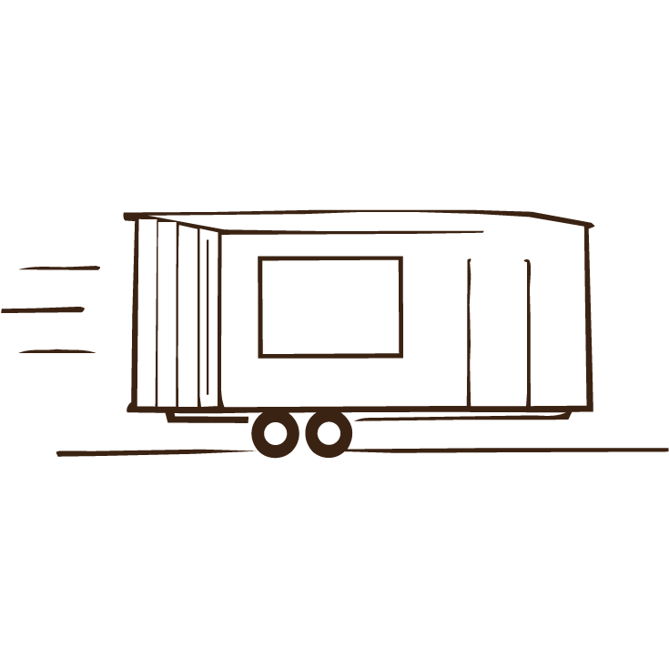 Line drawing of a moving train boxcar with side door and window, on train tracks.