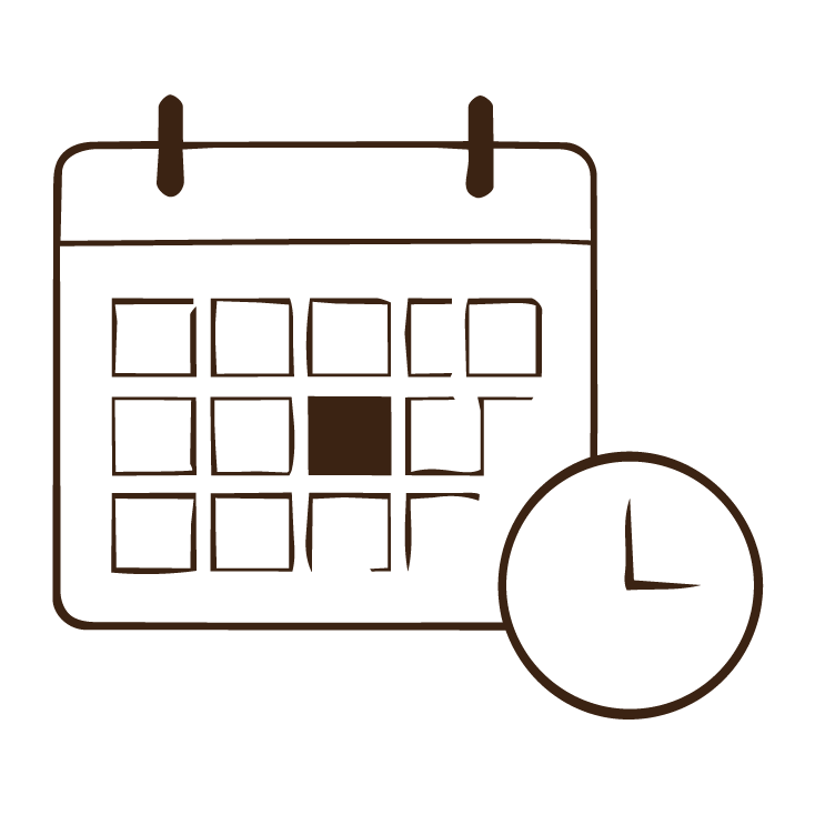 A simple line drawing of a calendar with a clock beside it.