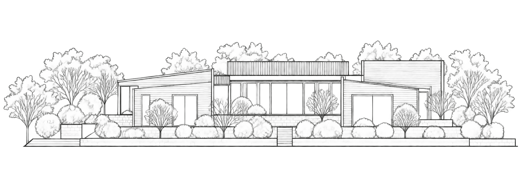 Line drawing of a modern house with large windows, surrounded by trees and bushes.