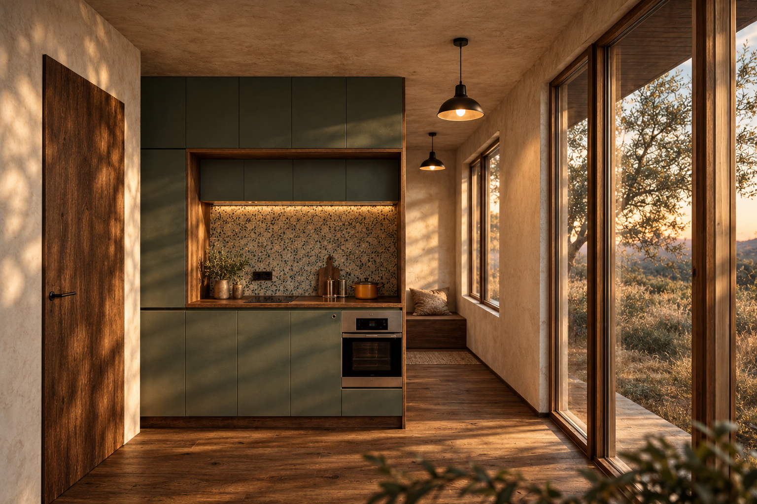 Sunlit modern kitchen with green cabinets, wooden accents, a patterned backsplash, and large windows overlooking a landscape at sunset.