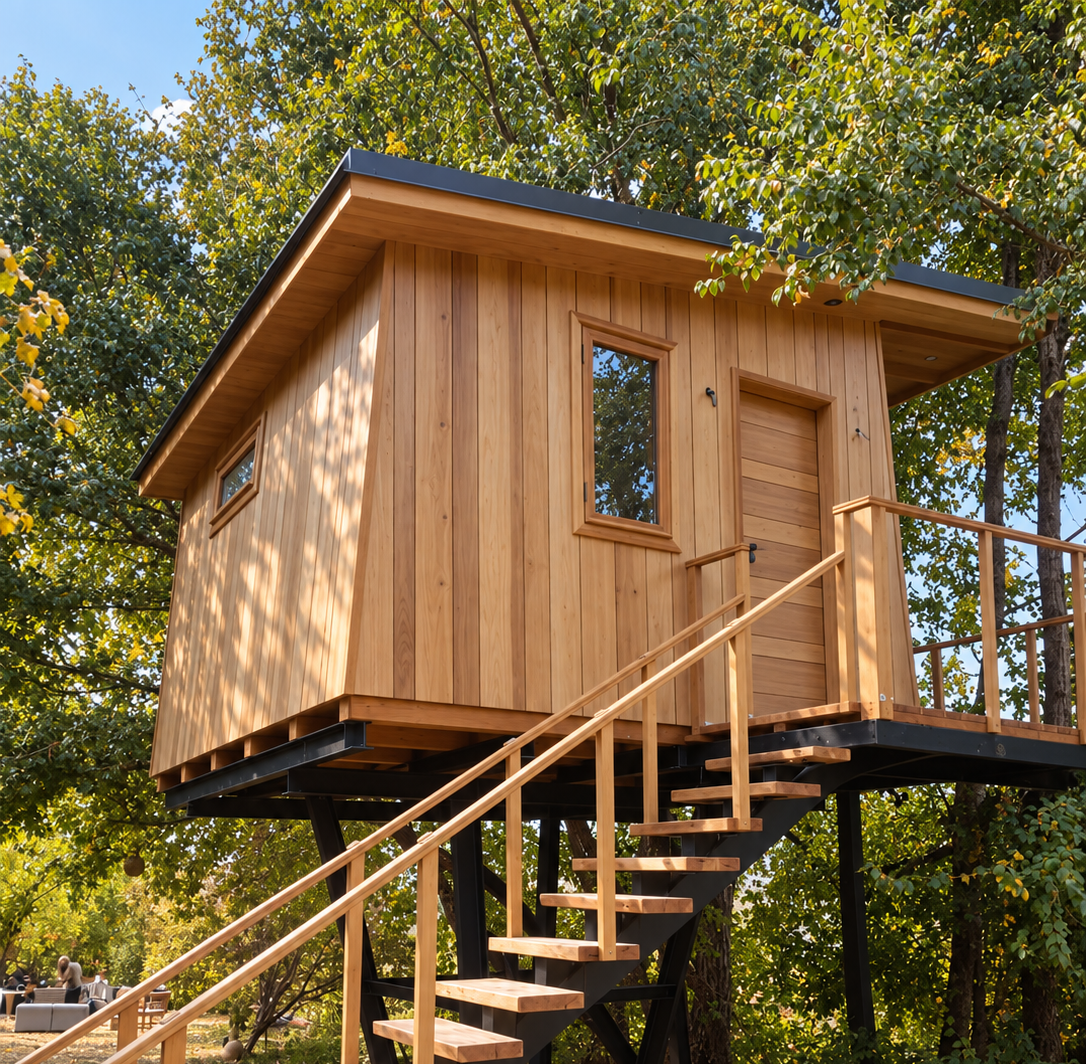 A small wooden treehouse with a black metal roof on stilts, accessed by a wooden staircase with railings, surrounded by green trees.