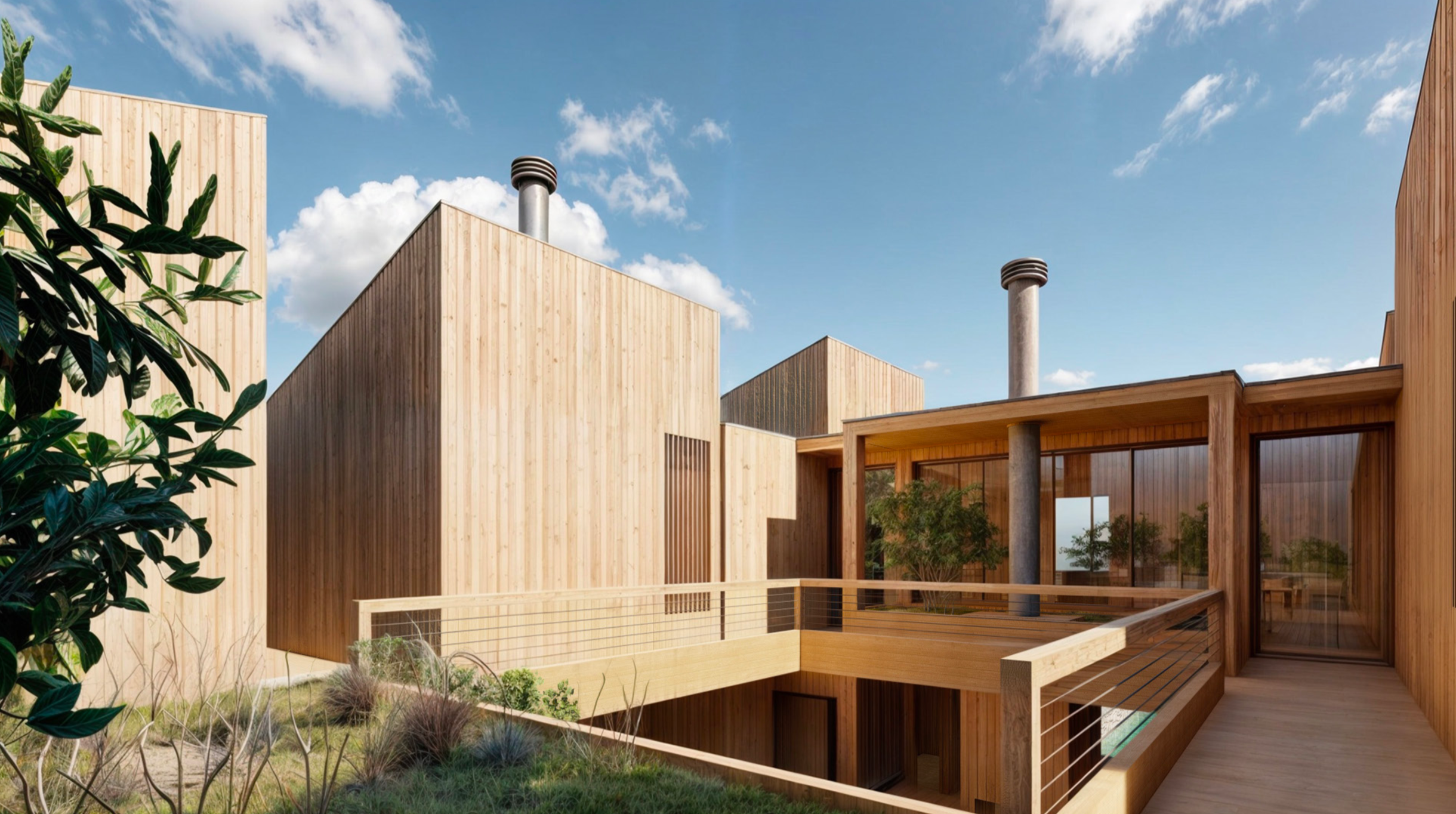 Modern wooden house with multiple levels, large windows, and outdoor deck, under a blue sky with clouds, surrounded by greenery.