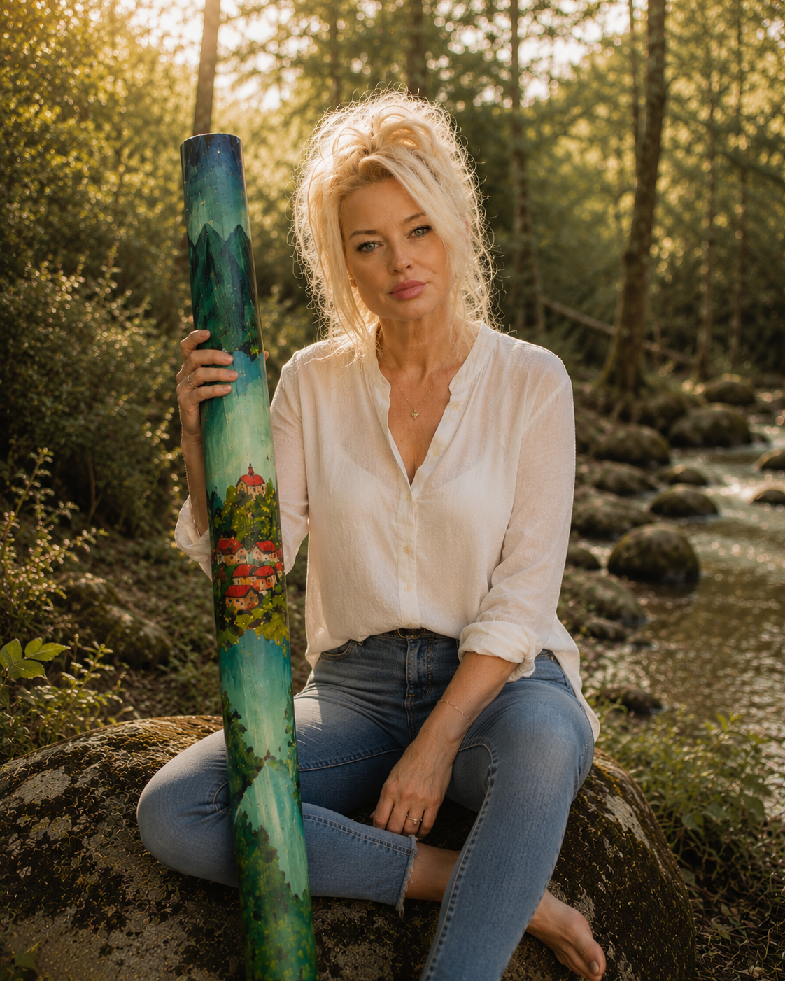 Eine blonde Frau in weißen Hemd und blauen Jeans sitzt in einem Wald nahe einem Bach, hält einen bunten, handgemalten Spazierstock mit einer Dorf- und Berglandschaft.