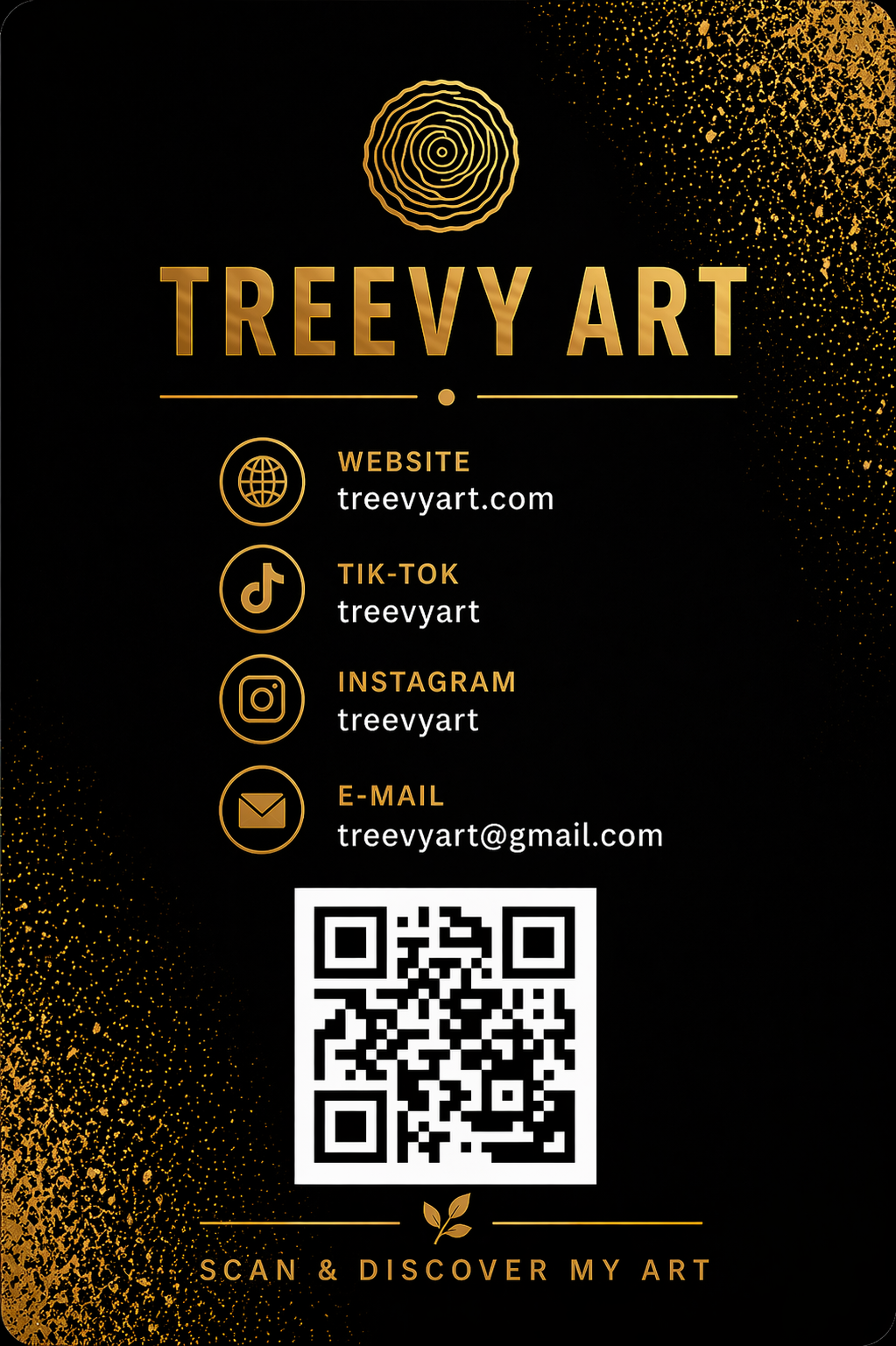 Visitenkarte für Treevy Art mit Website, TikTok, Instagram und E-Mail Kontakten, QR-Code und goldenen Akzenten auf schwarzem Hintergrund.