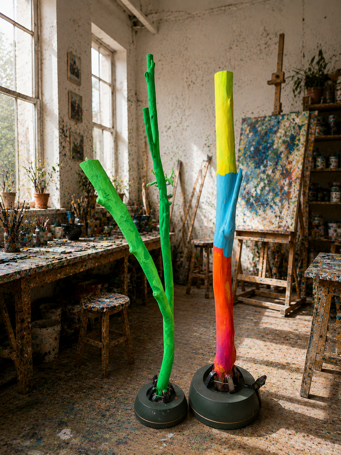 Zwei bunte Skulpturen bestehen aus Sträuchern, die angeliefert und bemalt wurden, stehen in einem Kunststudio.