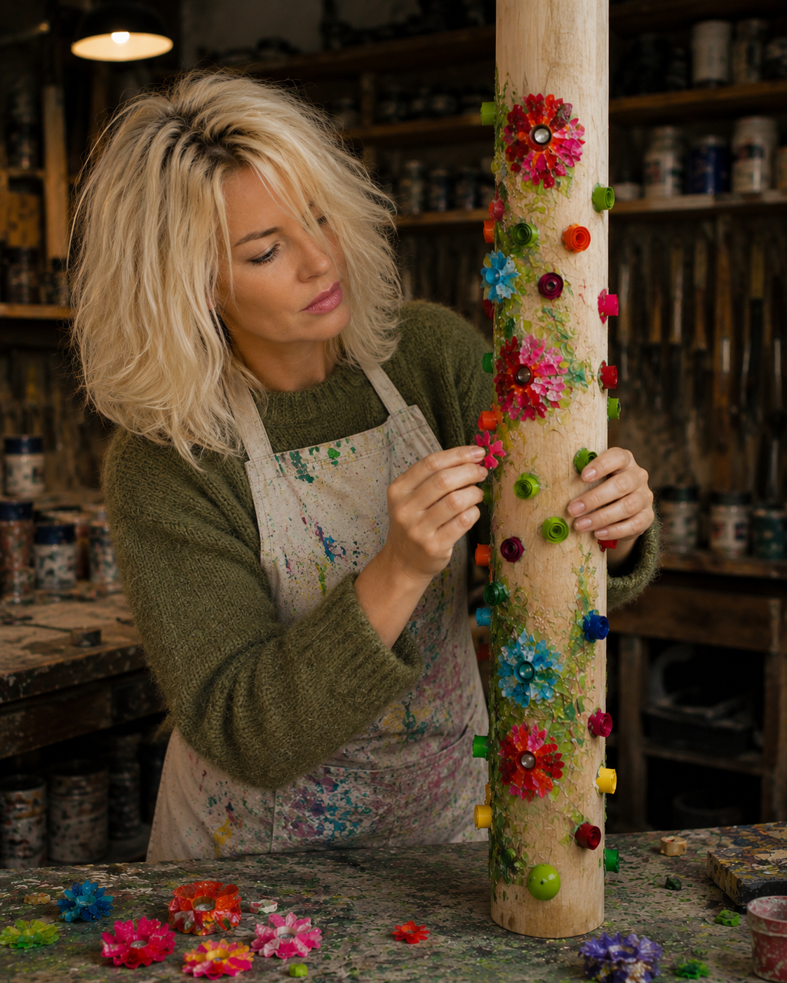 Frau bemalt einen Holzstamm mit bunten Kunststoffblumen in einem Atelier.