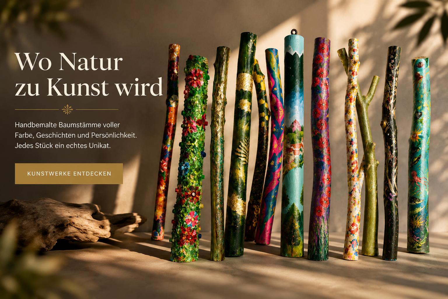 Bunte, handbemalte Baumstämmchen stehen senkrecht nebeneinander auf einem Tisch. Sie sind kunstvoll gestaltet mit verschiedenen Farben, Mustern und Motiven.