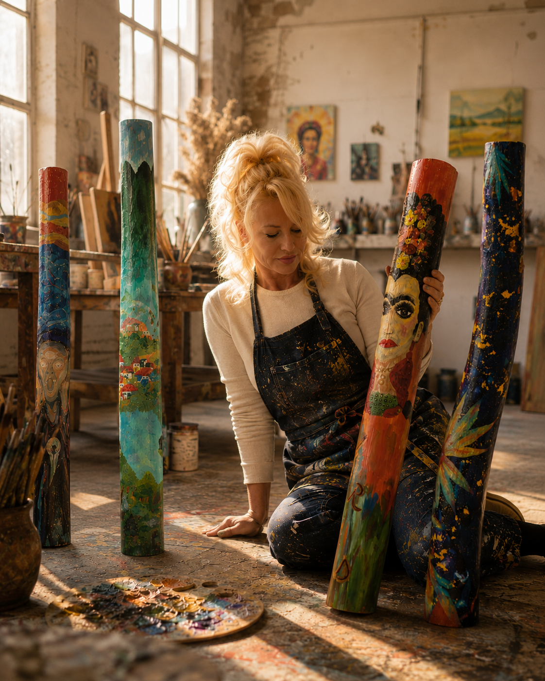 Künstlerin sitzt auf dem Boden in einem Atelier, umgeben von bemalten Holzstämmen, in einem Sonnenlicht durch große Fenster. Sie trägt eine schwarze Schürze und betrachtet einen ihrer kunstvoll bemalten Stämme, im Hintergrund sind weitere Kunstwerke und Pinsel zu sehen.