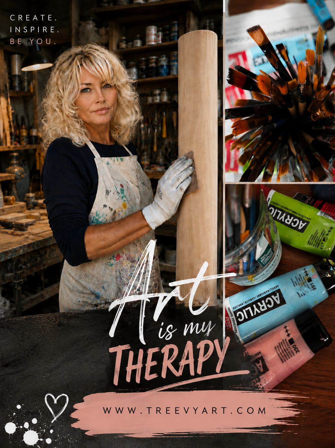 Eine Frau arbeitet in einem Holzatelier, maskiert mit einem verbeulten Kittel, beim Schleifen eines Holzstücks. Im Hintergrund sind Regale mit Farbtöpfen. Oben links steht der Text: 'Create. Inspire. Be You.' Das Bild enthält auch Nahaufnahmen von Pinsel, Acrylfarben und deren Tuben auf einem Tisch, ergänzt durch den Slogan 'Art is my therapy' und die Website www.treevyart.com.