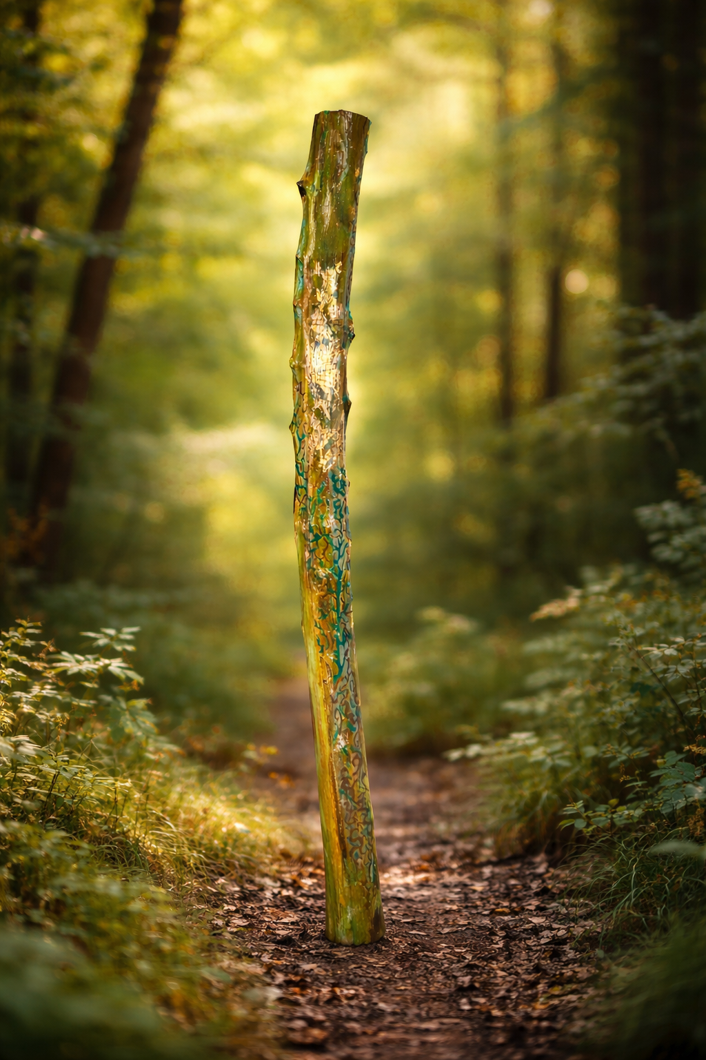 Kunstvoll bemalter Baumstamm in einem Waldpfad bei Sonnenlicht