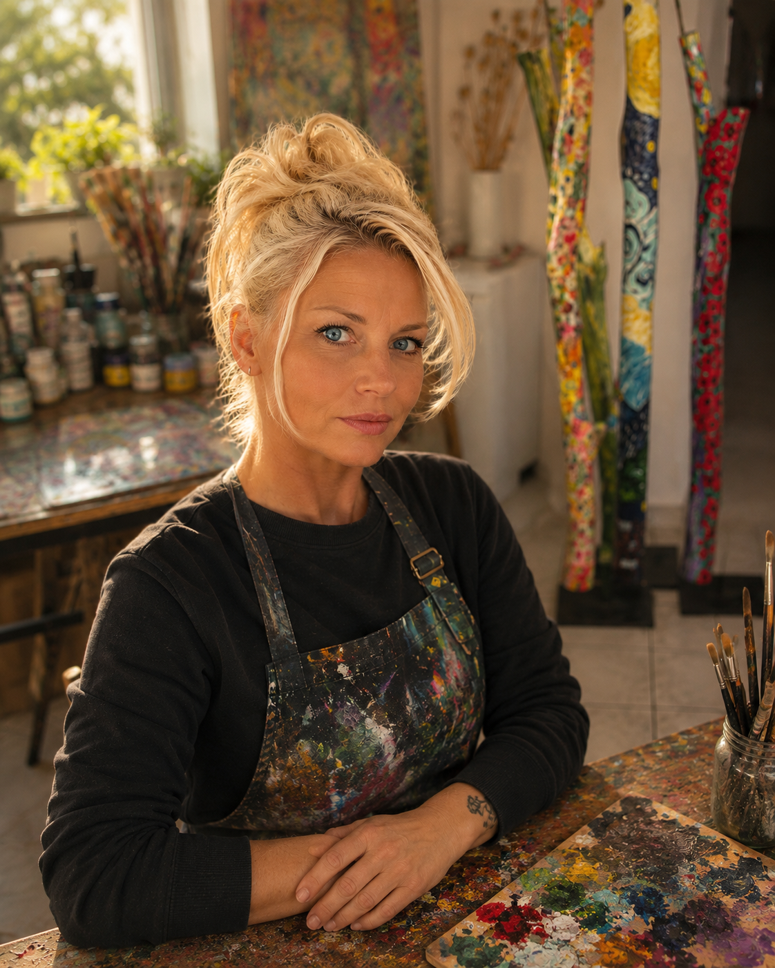 Künstlerfrau mit blonden Haaren und Schürze sitzt in ihrem Atelier, umgeben von Farben und Kunstwerken.