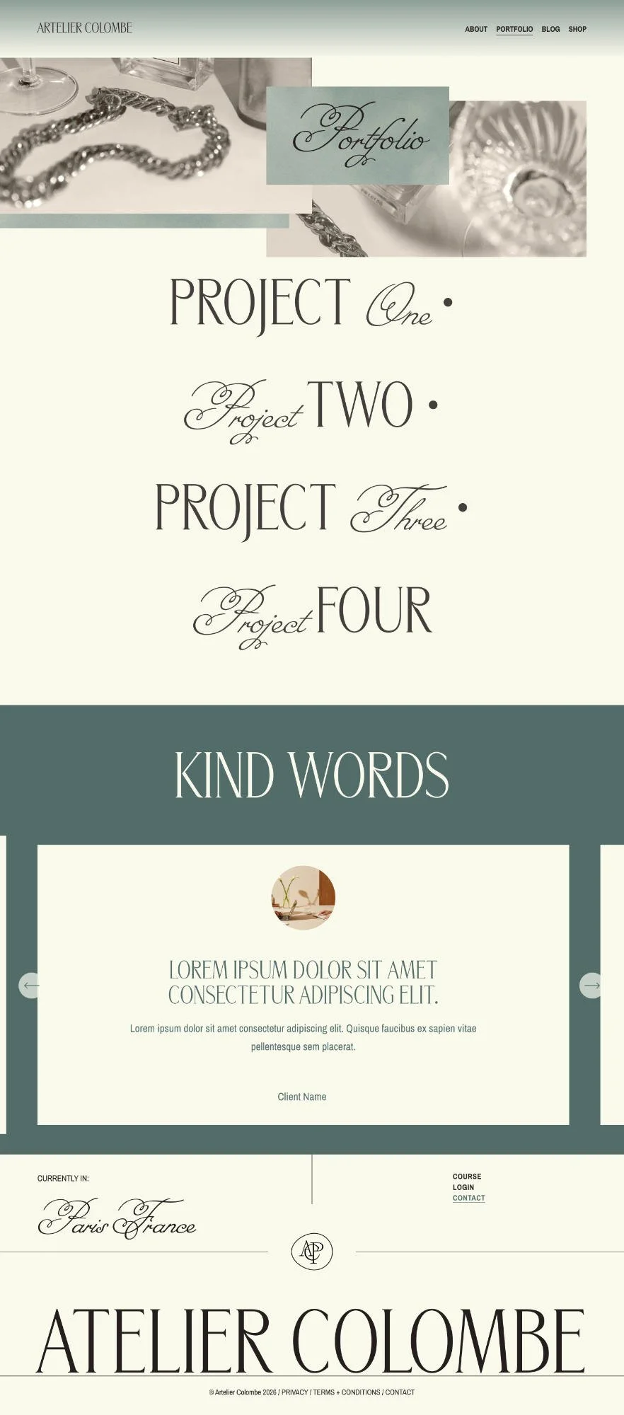 Editorial Website Portfolio Page that's light blue, cream and silver.