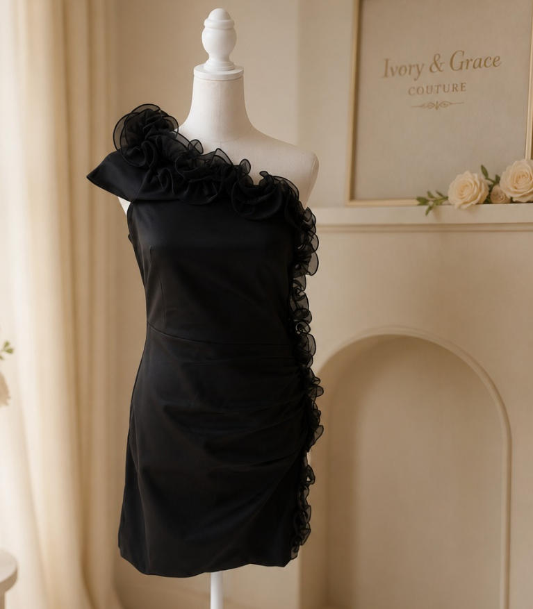 A black one-shoulder dress with ruffle details displayed on a dress form in a boutique or showroom. A framed sign reads "Ivory & Grace Couture" in the background, along with some decorative flowers.