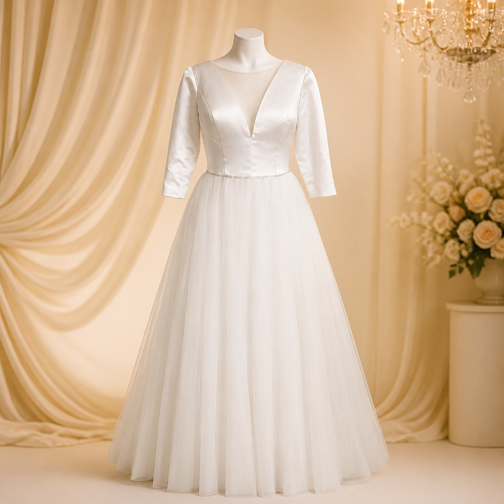 A white wedding dress with long sleeves, deep V neckline, and tulle skirt on a mannequin in a luxurious setting with cream-colored drapes and a chandelier.