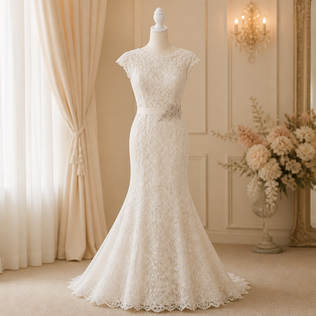 Elegant white lace wedding dress on a mannequin in a luxurious room with cream curtains, floral arrangement, and chandelier.