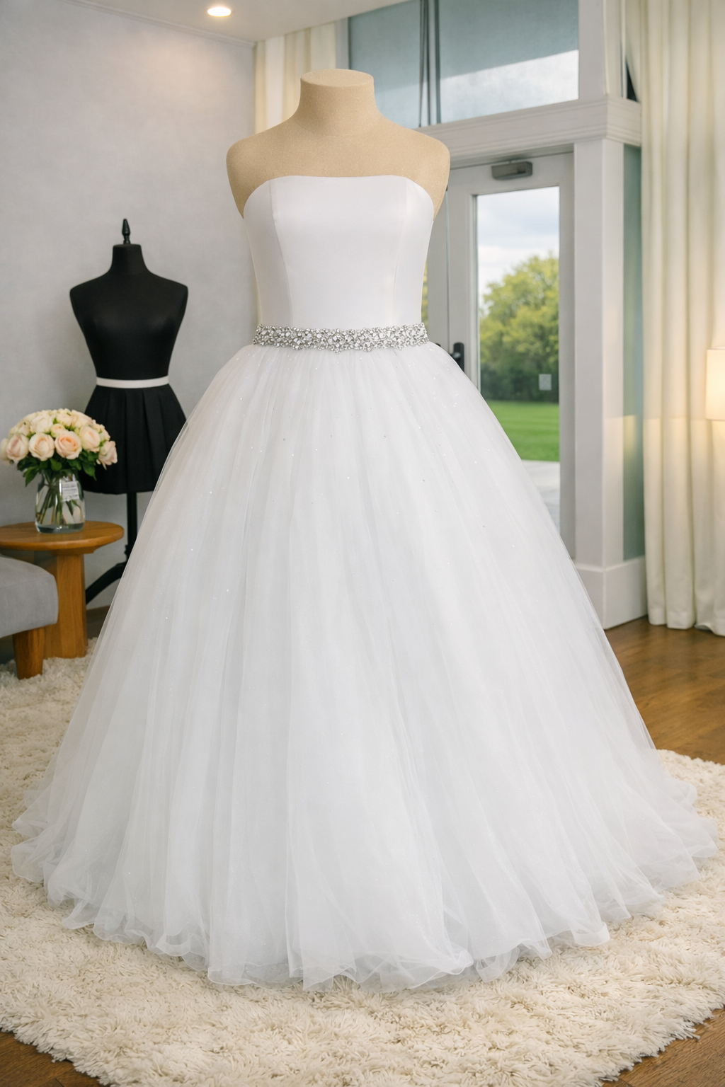 White wedding dress on a mannequin, with a full, tulle skirt and a strapless bodice, displayed inside a room with large windows and light-colored curtains.
