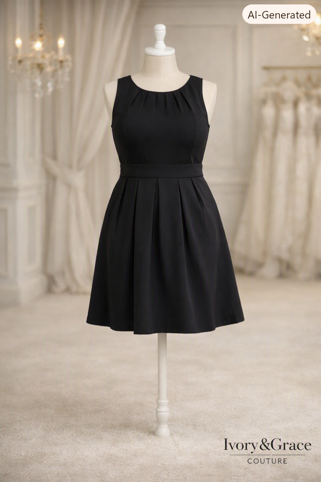 Black sleeveless dress with pleated skirt displayed on a dress form in a luxurious room with chandeliers and elegant curtains.