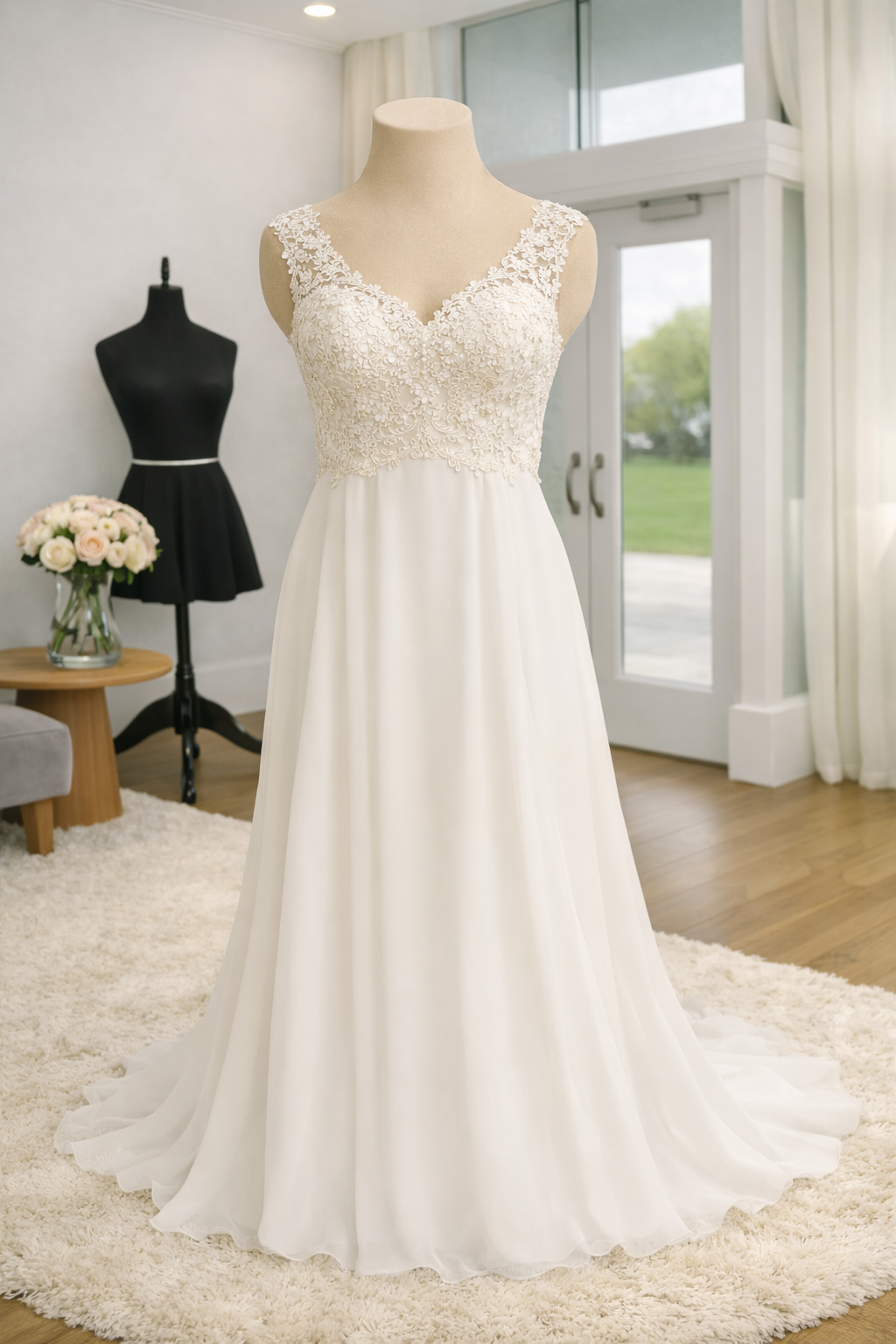 Elegant wedding dress with lace bodice and flowing skirt displayed on a mannequin in a bright room with large windows.
