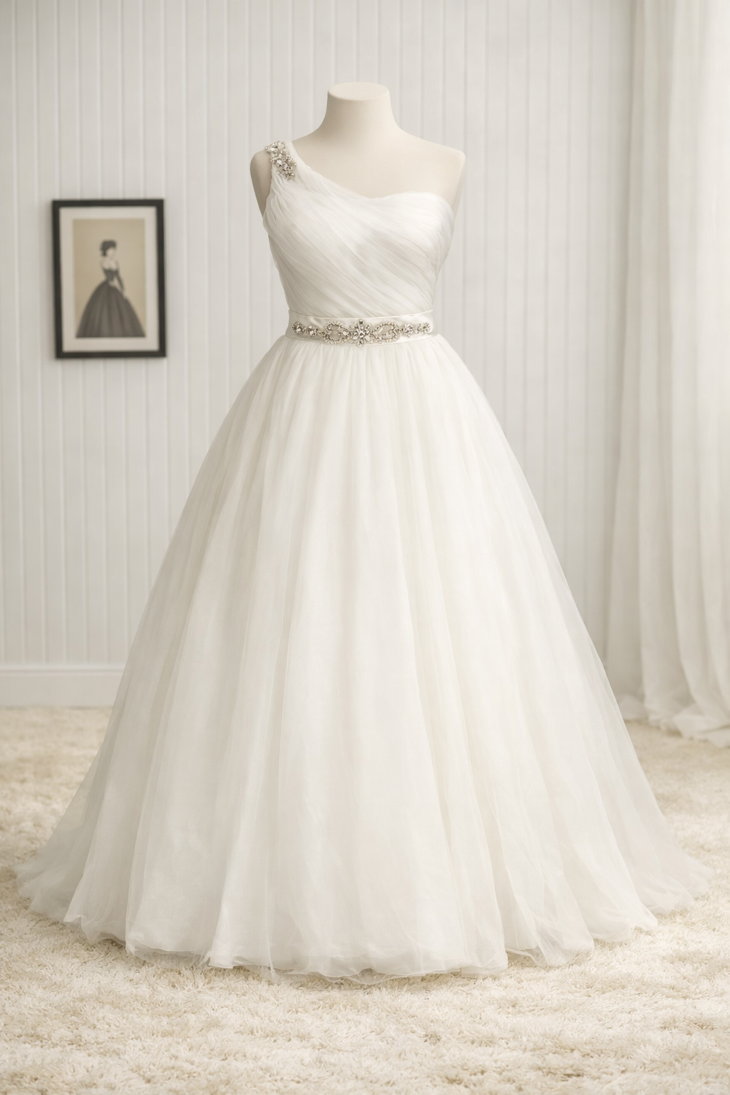 A white wedding dress displayed on a mannequin against a white paneled wall with a framed picture in the background.