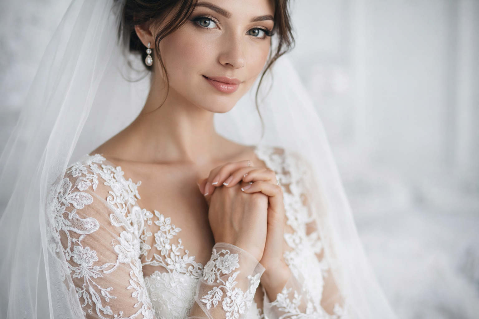 A bride with blue eyes, wearing pearl earrings and a lace wedding dress, has her hands clasped together near her chest, and gazes softly at the camera with a gentle smile.