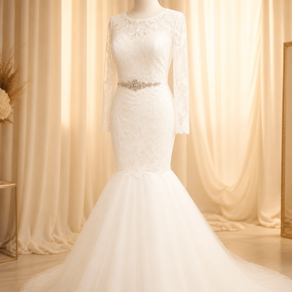 A white lace wedding dress with long sleeves and a mermaid silhouette, displayed on a mannequin in front of creamy curtains.