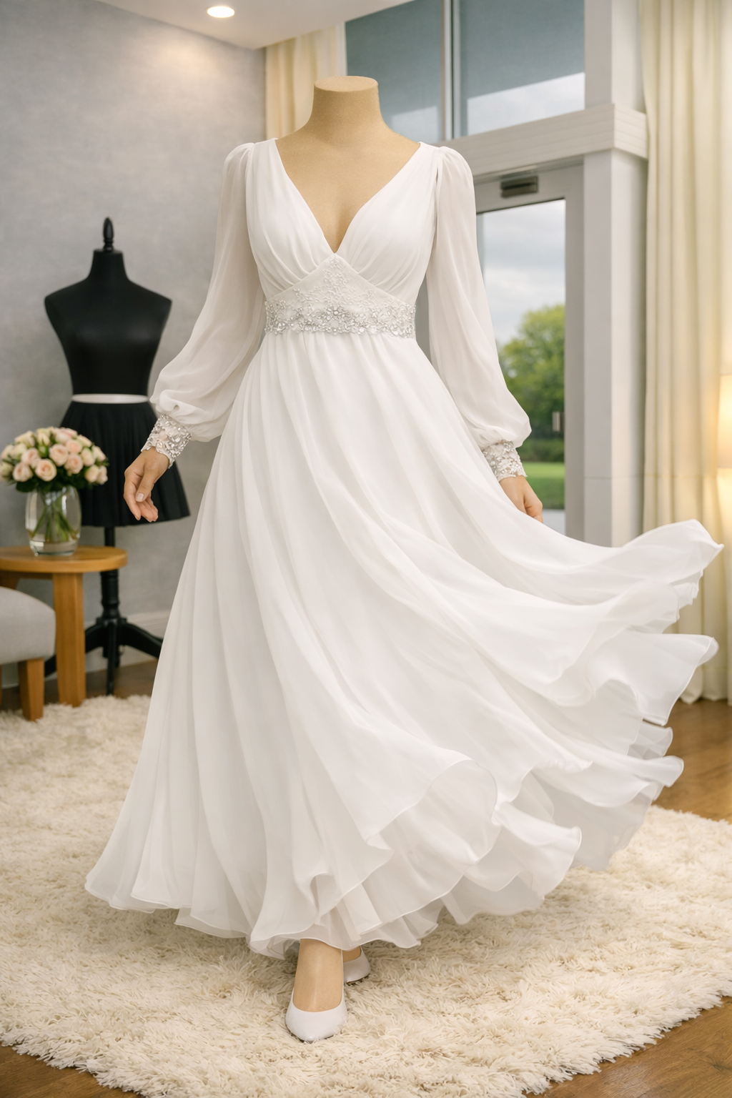 A white wedding dress displayed on a dress form, featuring long puffed sleeves, a deep V-neckline, and intricate beadwork at the waist, standing in a brightly lit room with large windows and cream curtains.