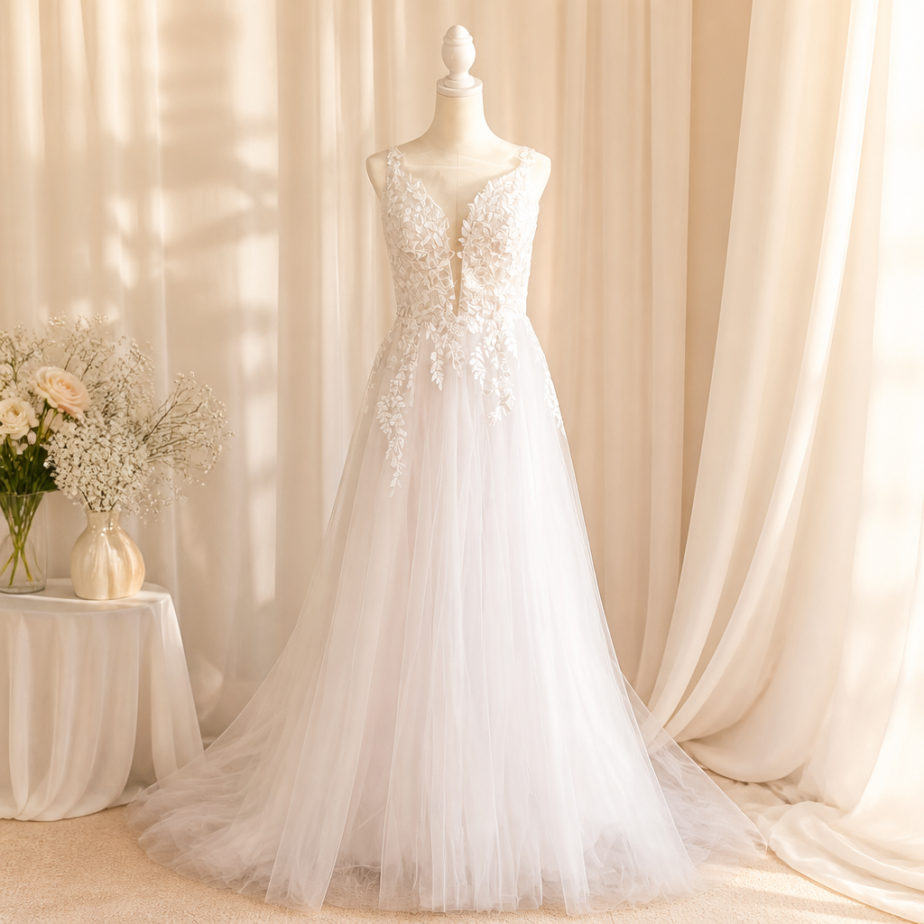 White wedding dress with lace bodice and tulle skirt on a mannequin in a room with cream curtains and floral arrangements.