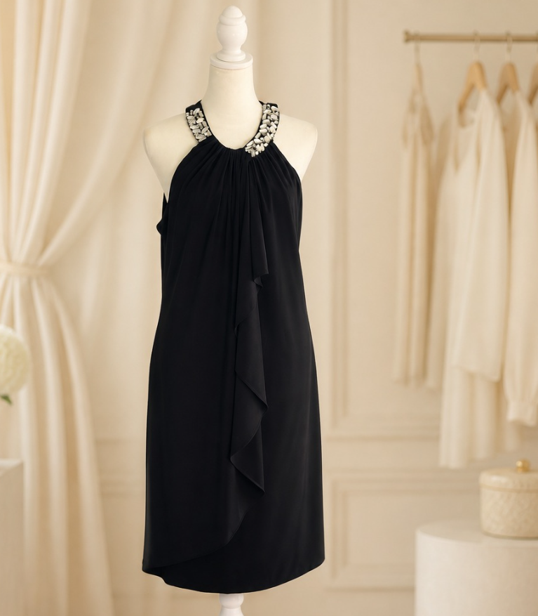 Black sleeveless dress with embellished neckline on a mannequin, in a boutique or bridal shop setting.